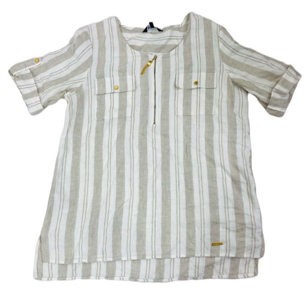 Ellen Tracy Linen White/Beige Striped Roll Cuff Sleeve 1/4 Quarter Zip Top